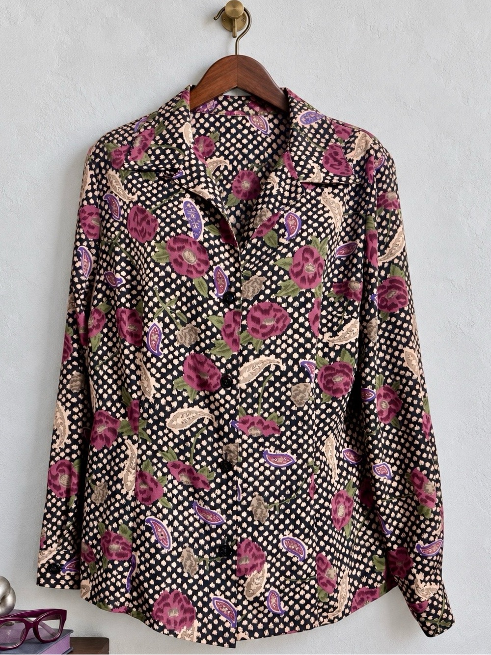 Vintage 90s Plum Floral Paisley Button Down Blouse Dark Academia L